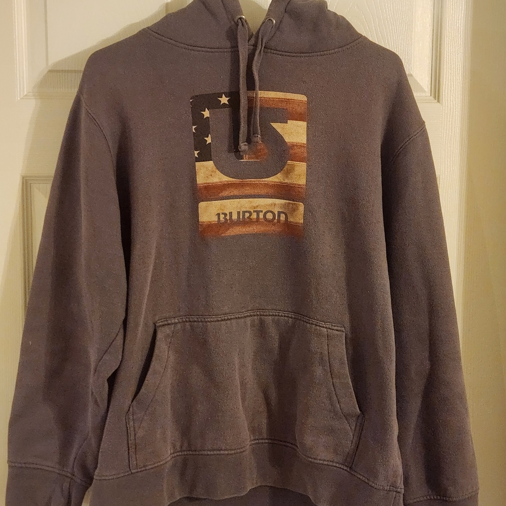 Burton USA Flag Logo Hoodie Men M Gray Pullover Sweatshirt Snowboard Streetwear